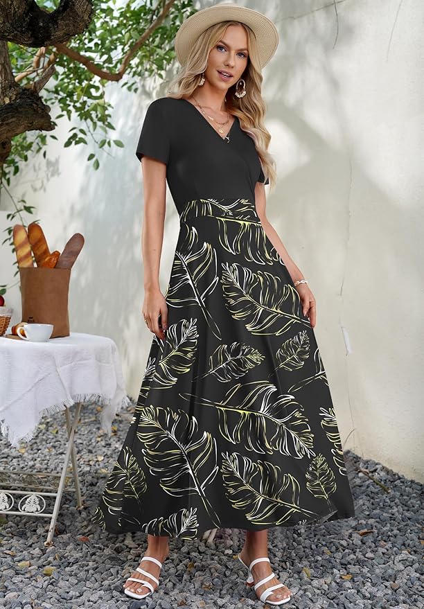 AUSELILY Maxi Dresses for Women Ankle Length Floral Print Beach Long Flowy Dress with Pockets