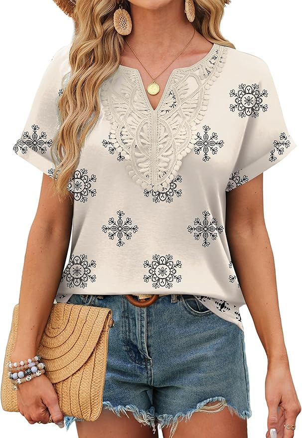 Sipaya Womens Blouses Dressy Casual Summer Shirts Short Sleeve Lace Front Boho Tunic Tops for Leggings Fashion Clothes