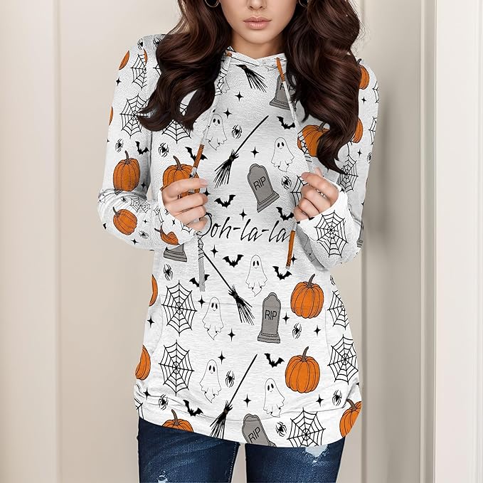 domirica Halloween Sweatshirts For Women Long Sleeve Spooky Graphic Sweatshirts Pumpkin Pullover Halloween Party Club Wear