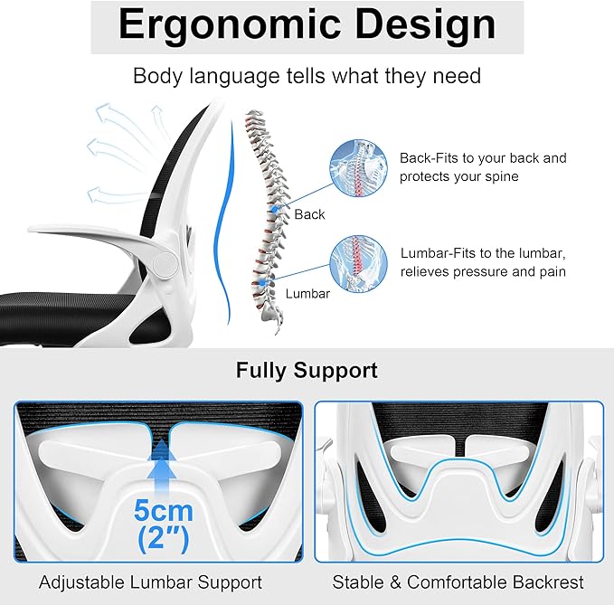 Primy Ergonomic Drafting Chair with Flip-up Armrests Tall Office Chair for Standing Desk Comfortable Desk Chair with Adjustable Footrest Ring and Lumbar Support in Gray Perfect for Home (White)