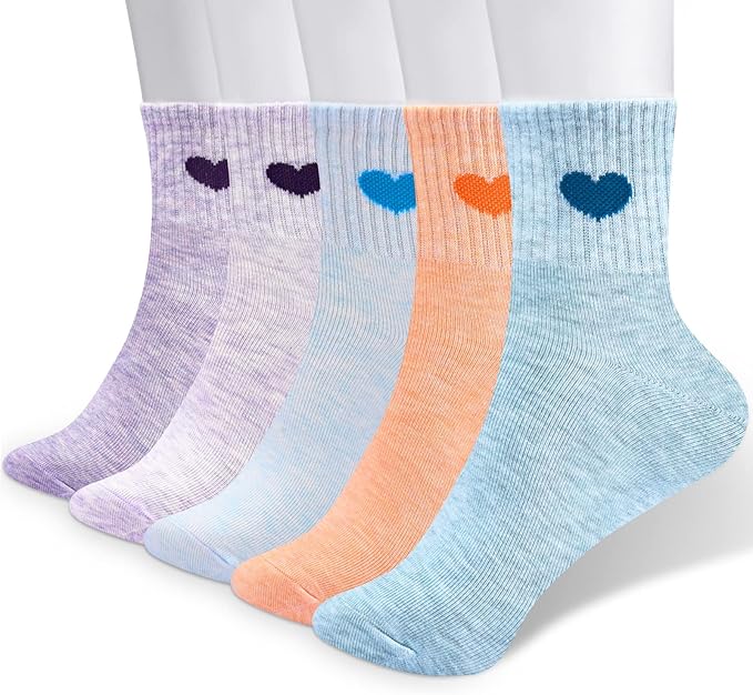 Corlap Women's Cute Cotton Crew Athletic Running Socks - Ankle High, Novelty Fun Heart Design 5-Pairs (Gift Box)
