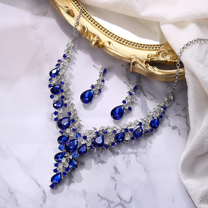 BriLove Women's Wedding Bridal Austrian Crystal Teardrop Flower Cluster Statement Necklace Dangle Earrings Jewelry Set for Party Prom