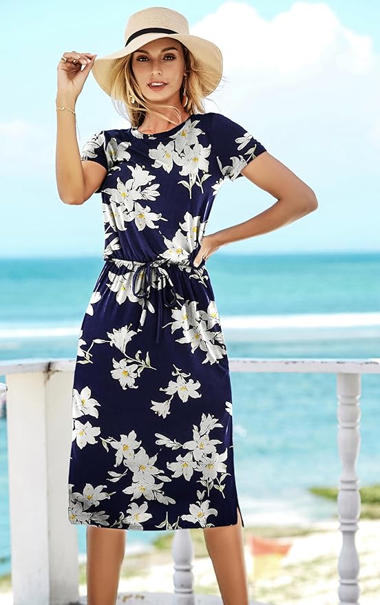 Simier Fariry Womens Spring Hide Belly Knee Length Travel Dress Pocket Summer Short Sleeve Midi Work Casual Outfits