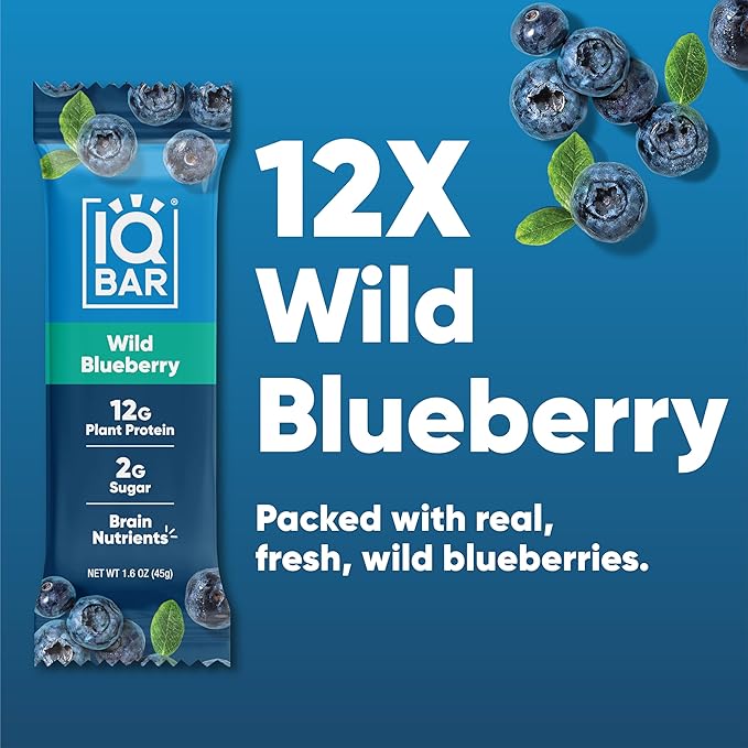 IQBAR Brain and Body Plant Protein Bars - Wild Blueberry - 12-Count - Keto, Vegan, Low Carb, High Fiber, Gluten Free, Dairy Free, Low Sugar Snack with Nutrients for Focus, Energy, Meal Replacement