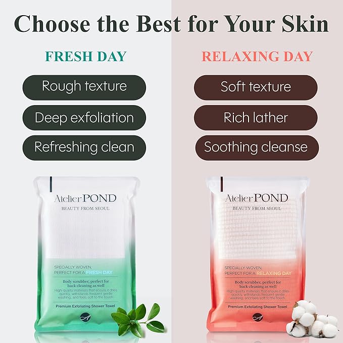atelier POND Korean Exfoliating Washcloth 2-Pack – Shower Towel Body Scrub Cloths for Deep Cleansing & Dead Skin Removal (Fresh Green + Relax Orange – Value Set)