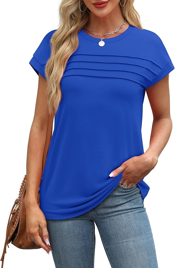 WEESO Womens Summer Tops Trendy 2026 Cap Sleeve T Shirts Crew Neck Pleated Front Beach Vacation Clothes Fashion