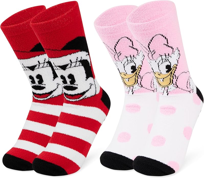 Disney Slippers Socks for Women & Teens US Size 4-9, Pack of 2 Non Slip Fleece Winter Socks, Soft & Fluffy, Gifts for Her