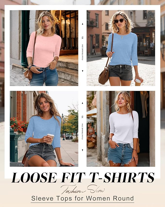 Ficerd 3 Pack 3/4 Sleeve Tops for Women Round Neck Dressy Basics Tees Casual Trendy Loose Fit T Shirts