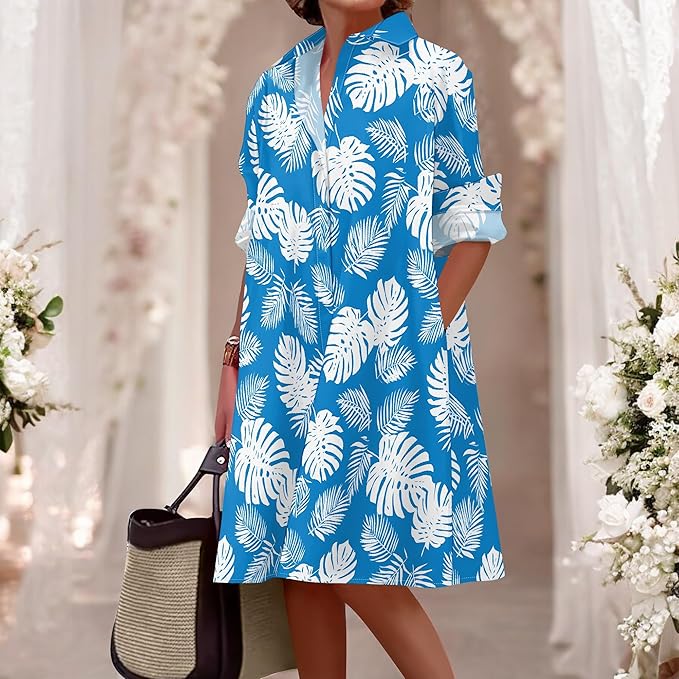 Shirt Dresses for Women 2025 Summer Long Sleeve Casual Plus Size Floral Printed Beach Vacation Dress with Pockets