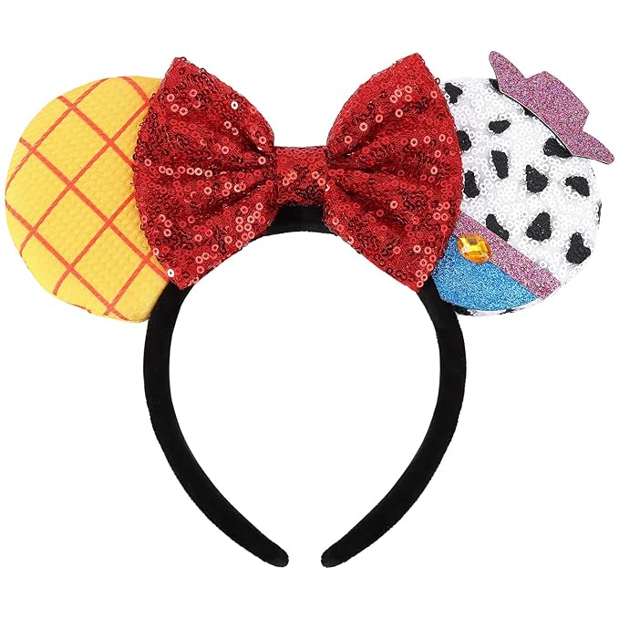 UNSPAZ Mouse Ears Headband, Extra Thick & Soft Ear Headband for Adult Women Grils, Sequin Shiny Bow hairband for Cosplay Party Trip Hair Decorations (TS Yellow)