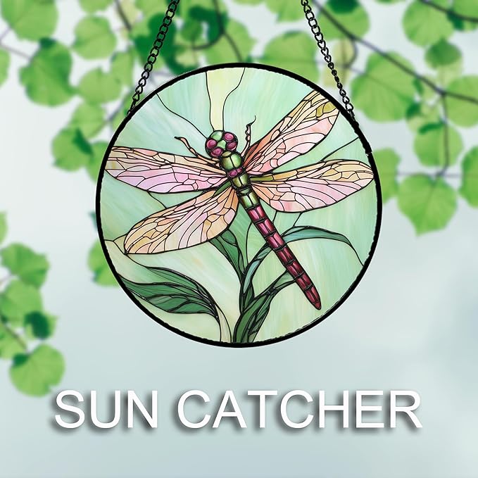 Stained Glass Window Hanging 4 Pcs Set Pink Green Insect Theme 7.8" - Butterfly Suncatcher Door Garden Sun Catcher Decor Birthday Christmas for Mom Woman Nana Men