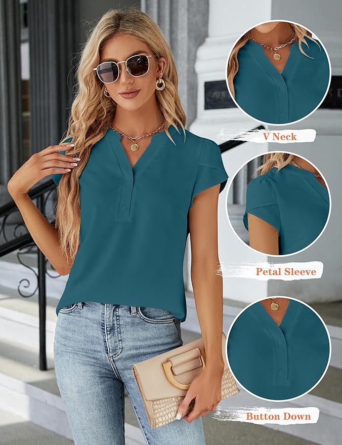 Blooming Jelly Women's Dressy Casual Tops Business Work Blouses White Button Down Shirts Cap Sleeve V Neck Tshirt
