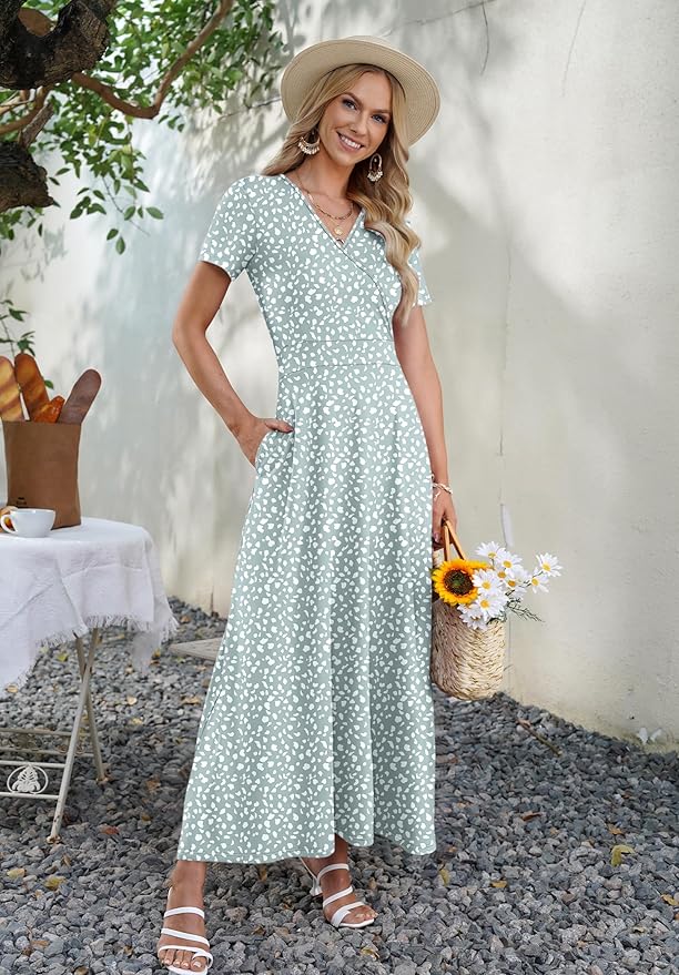 AUSELILY Maxi Dresses for Women Ankle Length Floral Print Beach Long Flowy Dress with Pockets