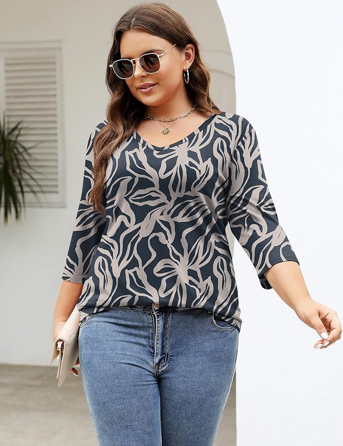 TFSDOD Womens Plus Size Tops V Neck T Shirts 3/4 Sleeve Blouse Summer Casual Tees XL-5X
