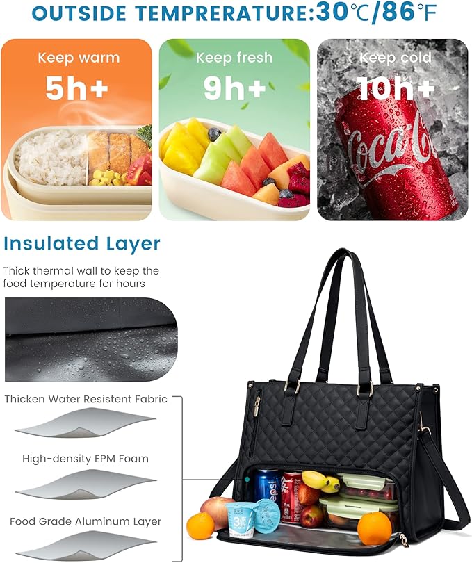 LOVEVOOK Lunch Tote Bag for Women, 17.3 Inch Laptop Bag with Insulated Lunch Compartment, Quilted Large Capacity Computer Handbag with Purse for Business, Work, Nurse, Office, Collage, Casual, Black