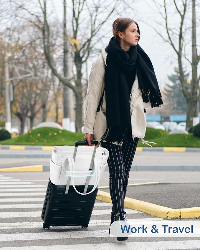 TOPDesign Puffy Tote Bag for Women with Cup Holder & Laptop Compartment & Cosmetic Bag & Trolley Sleeve for Work, Travel