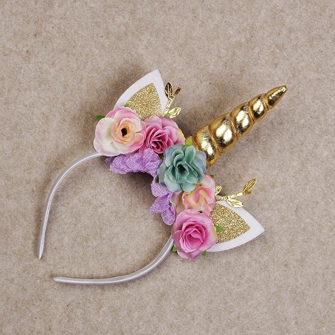 Nishine Unicorn Horn Floral Headband Glitter Ears Pony Head Bands Tiara for Girls Party Birthday Cosplay