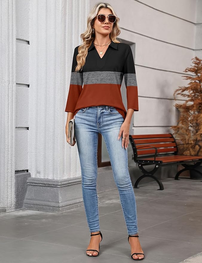 LOMON 3/4 Length Sleeve Womens Tops 2026 Spring Summer Collared Polo Shirts V Neck Casual Basic Polos Tees Shirt