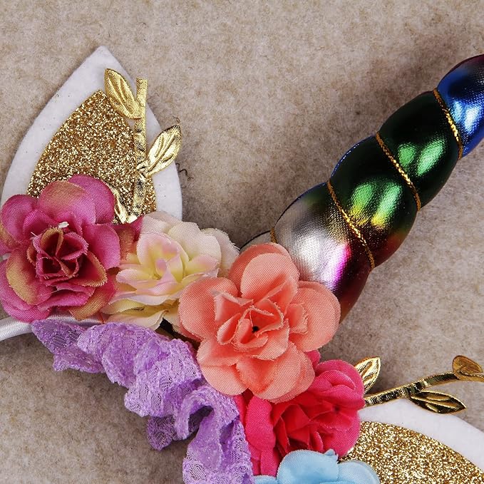 Nishine Unicorn Horn Floral Headband Glitter Ears Pony Head Bands Tiara for Girls Party Birthday Cosplay