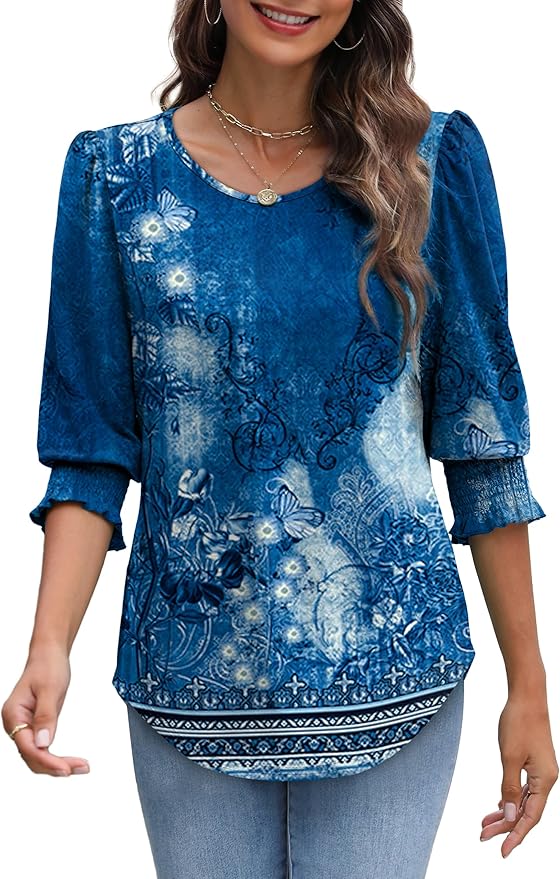 XIEERDUO Blouses for Women Dressy Casual 3/4 Length Sleeve Womens Tops with Smocked Cuffs