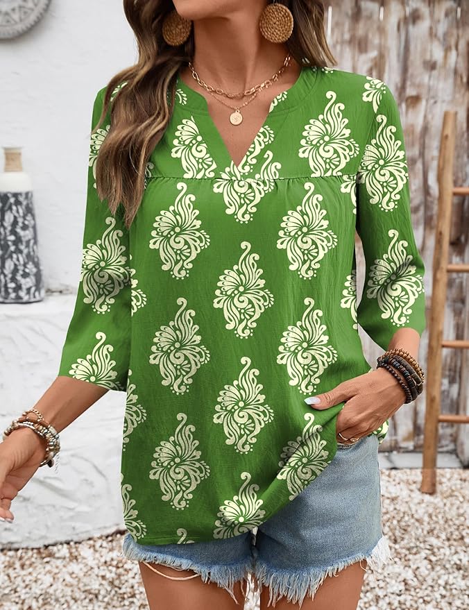 Rapbin Womens 3/4 Sleeve V Neck Floral Print Pleated Blouses for Women Dressy Casual Loose Fit Tops