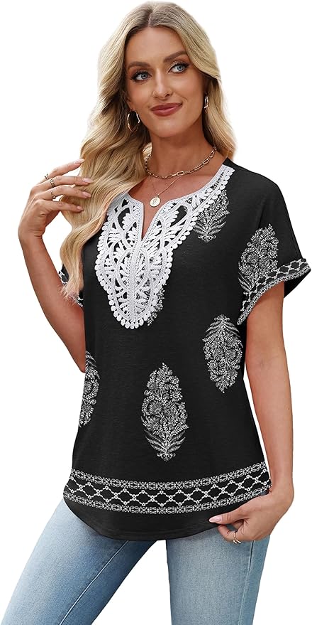 Sipaya Womens Blouses Dressy Casual Summer Shirts Short Sleeve Lace Front Boho Tunic Tops for Leggings Fashion Clothes