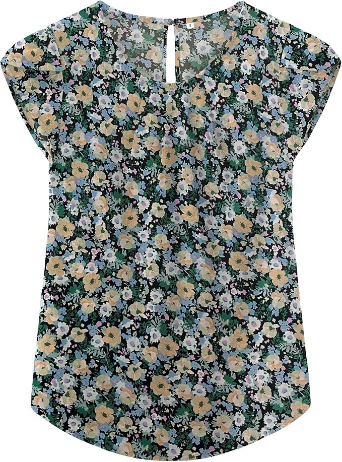 TASAMO Women's Casual Round Neck Basic Pleated Top Cap Sleeve Curved Keyhole Back Chiffon Blouse