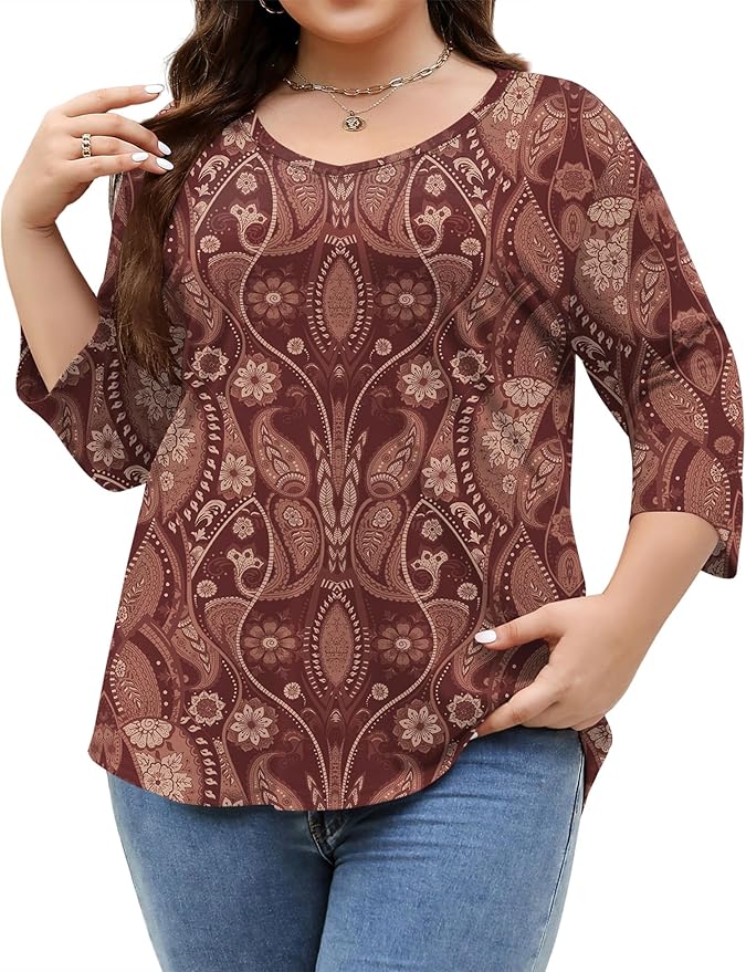 TFSDOD Womens Plus Size Tops V Neck T Shirts 3/4 Sleeve Blouse Summer Casual Tees XL-5X