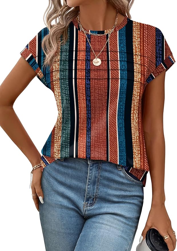 WEESO Womens Summer Tops Trendy 2026 Cap Sleeve T Shirts Crew Neck Pleated Front Beach Vacation Clothes Fashion