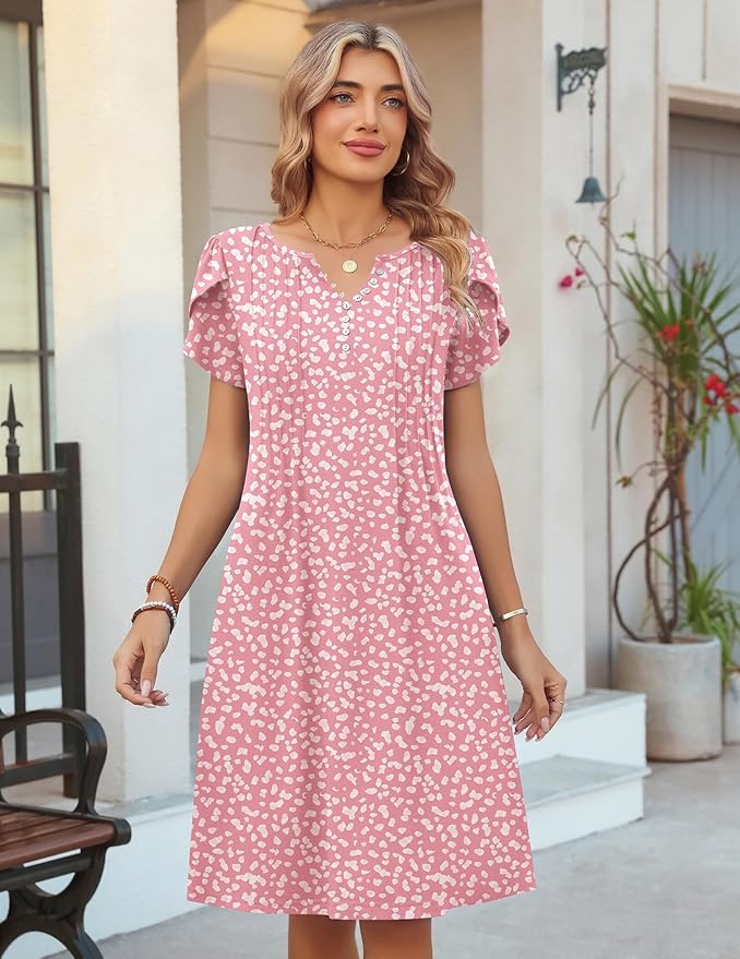 Zeagoo Women's Casual Dresses with Pockets Summer Floral V-Neck A-Line Tshirt Dress Short Sleeve Mini Dress Beach Sundress