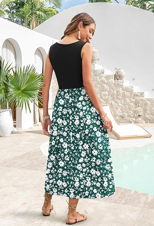 WNEEDU Women's Summer Maxi Dress 2026 Casual Sleeveless Hawaiian Sundress Tropical Long Dress Beach Vacation Outfit