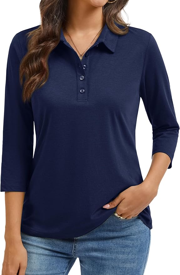YUCOLEN Polo Shirts for Women 3/4 Sleeve Tops Golf Tees 5-Button Collared Cotton Shirt Business Casual
