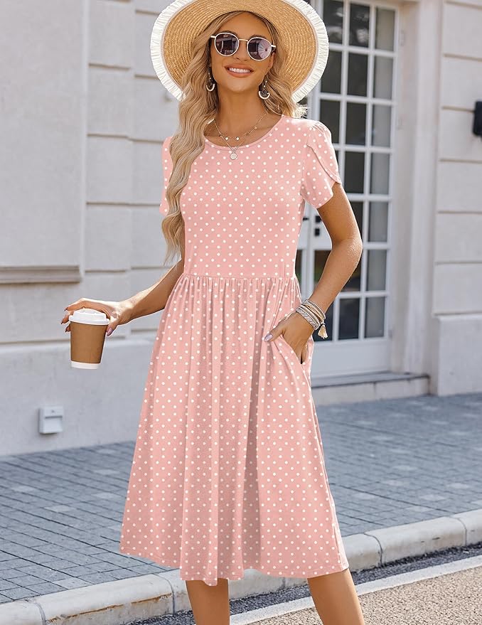 HOTOUCH Women's Summer A-Line Midi Dresses 2026 Casual Floral Short Sleeve T-Shirt Dress Flowy Beach Sundress with Pockets