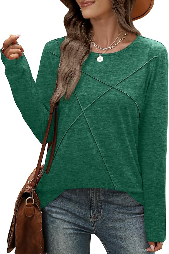 XIEERDUO Long Sleeve Shirts for Women Business Casual Tops Trendy Crewneck Fall T Shirts Pleated Loose Fit