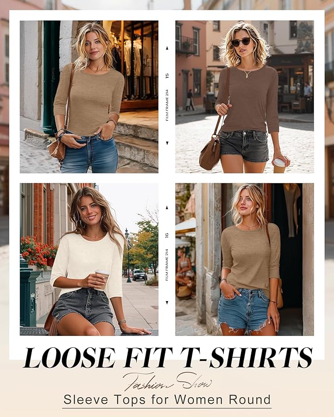 Ficerd 3 Pack 3/4 Sleeve Tops for Women Round Neck Dressy Basics Tees Casual Trendy Loose Fit T Shirts