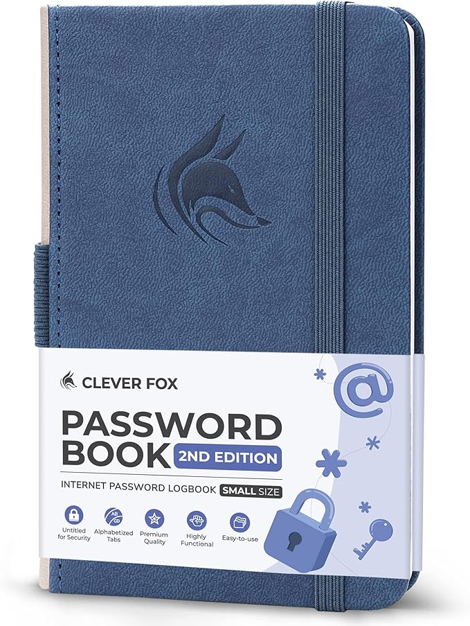 Clever Fox Password Book 2nd Edition Small – Pocket Password Keeper with Alphabetical Tabs – Internet Address Notebook & Login Details Organizer Journal – 3.5x5.6” (Smoke Blue)