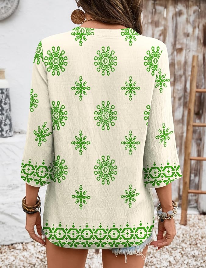 Rapbin Womens 3/4 Sleeve V Neck Floral Print Pleated Blouses for Women Dressy Casual Loose Fit Tops
