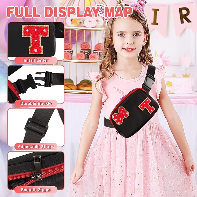 Initial Letter Bow Mouse-Ear Fanny Pack for Teen Girls,Cute Chenille Belt Bag Crossbody Travel Waist Pack for Women&Kids,Personalized Gift for Theme Park,School & Travel, Birthday Christmas(T)