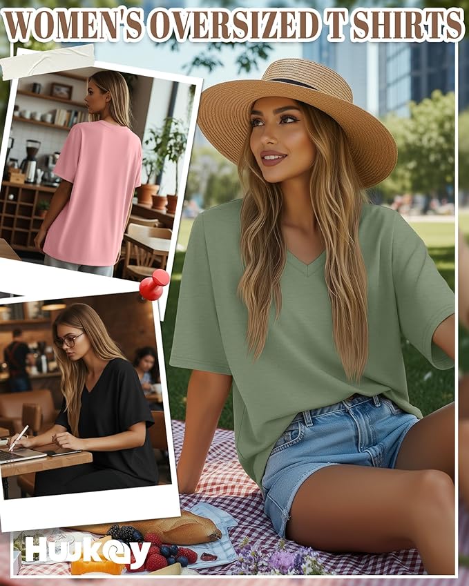 Huukeay Women's Cotton Oversized T Shirts 3 Pack V Neck Loose Fit Half Sleeve Tops Baggy Casual Summer Gym Workout Tees 2026