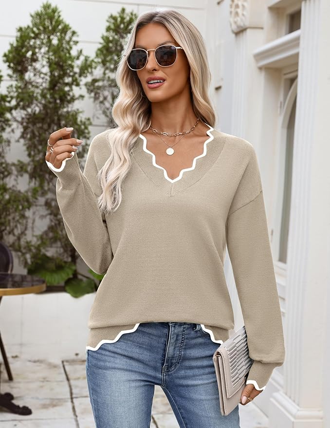 Zeagoo Women's 2026 Fall V Neck Sweater Casual Long Sleeve Lightweight Ribbed Knit Pullover Sweaters Dressy Casual Tops