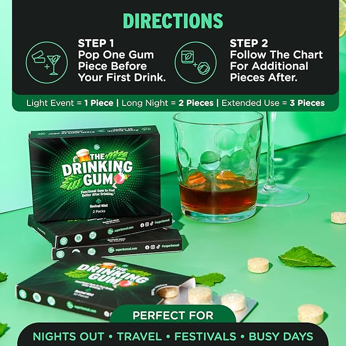 SuperBonsai The Drinking Gum – Revival Mint, Functional Chewing Gum with DHM and B Vitamins B3 B6 B12, Cool Mint Flavor for Nights Out, Celebrations and Morning Reset, 20 Count (Pack of 2)