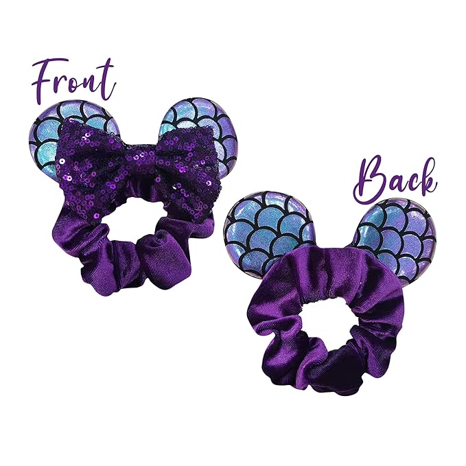 Styla Hair 2pk Mouse Ear Scrunchies for Kids Velvet Hair Bow Scrunchies for Women - Sparkle Sequins Mouse Hair Bands for Pony Tail Minnie Ears (Purple Mermaid)