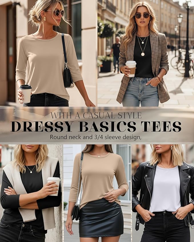 Ficerd 3 Pack 3/4 Sleeve Tops for Women Round Neck Dressy Basics Tees Casual Trendy Loose Fit T Shirts
