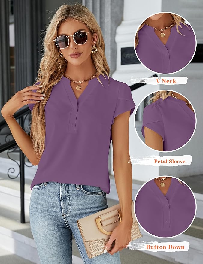 Blooming Jelly Women's Dressy Casual Tops Business Work Blouses White Button Down Shirts Cap Sleeve V Neck Tshirt