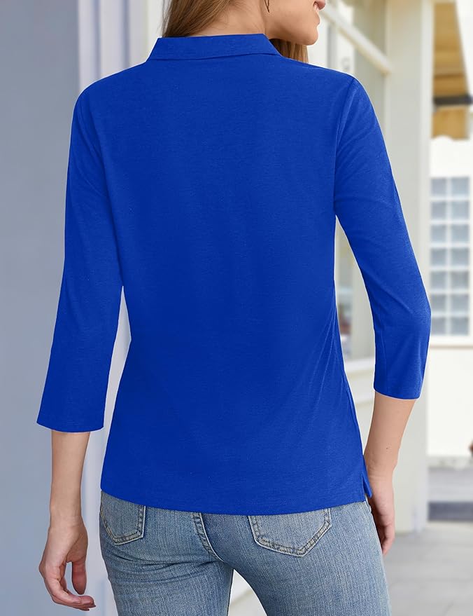 YUCOLEN Polo Shirts for Women 3/4 Sleeve Tops Golf Tees 5-Button Collared Cotton Shirt Business Casual