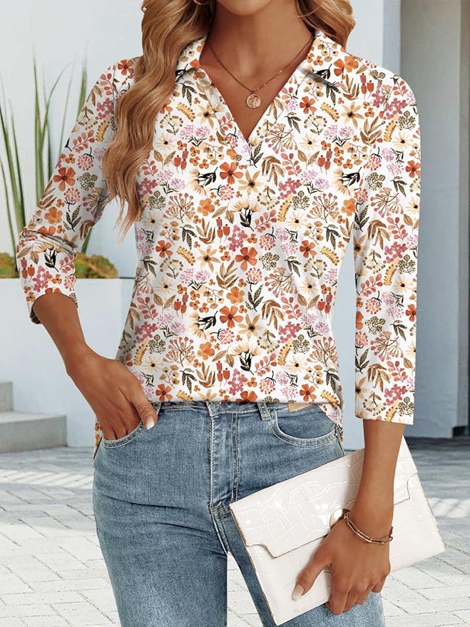 3/4 Length Sleeve Womens Tops Dressy Casual V Neck Polo Shirts Business Work Blouses 2025 Trendy Tunic Top