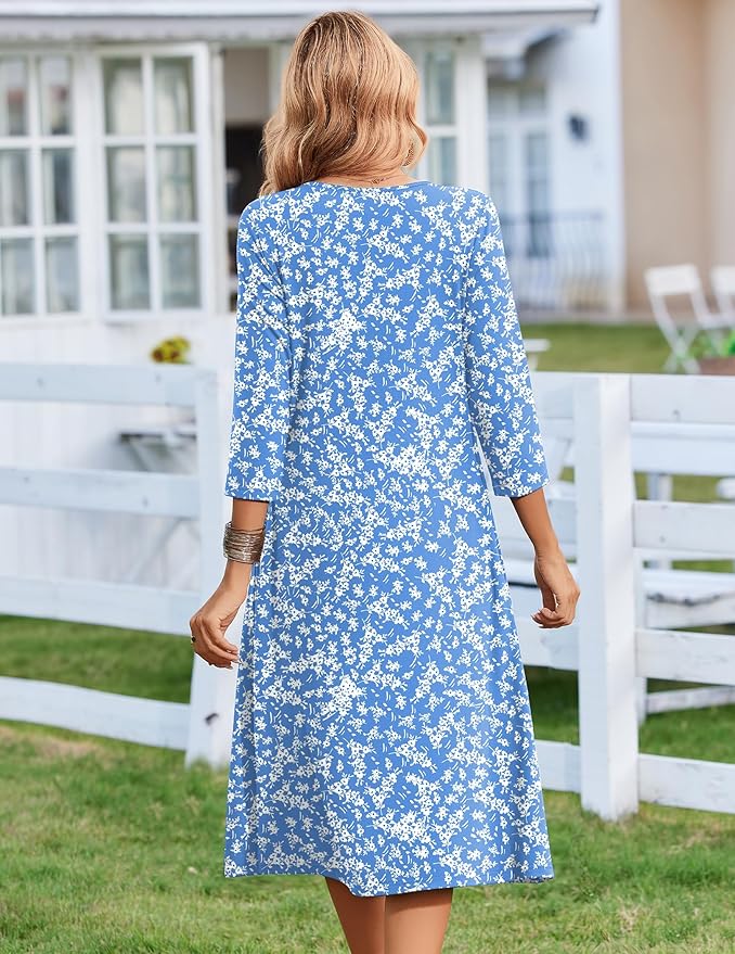 ZEAGOO 3/4 Sleeve Women's Dress Casual Flowy A-Line Midi Tshirt Dresses with Pocket Empire Waist Summer Boho Beach Sundress
