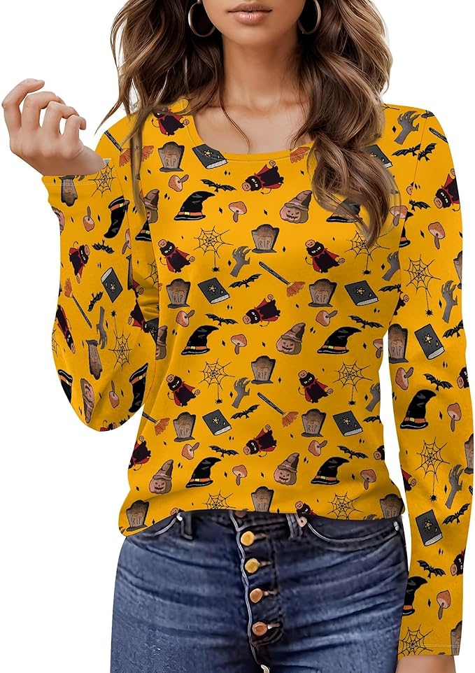 domirica Halloween Sweatshirts For Women Cute Pullover Fall Long Sleeve Pullover U-Neck Halloween Crazy Party Club Clothes