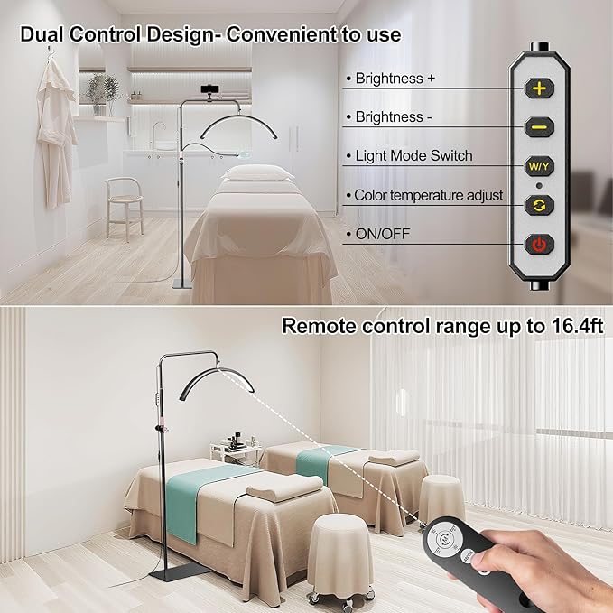 Half Moon Lash Light - Adjustable LED Floor Lash Lamp with 4X Magnifier & Phone Holder for Eyelash Extensions,Nail Art,Tattoo,Skincare,Salon SPA-Dimmable Brightness,Rotating Head, Black