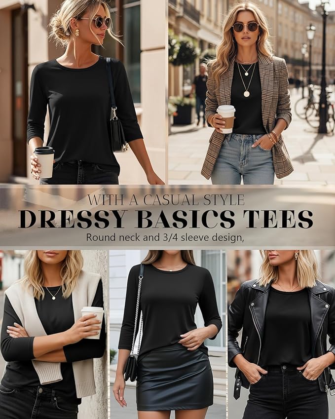 Ficerd 3 Pack 3/4 Sleeve Tops for Women Round Neck Dressy Basics Tees Casual Trendy Loose Fit T Shirts